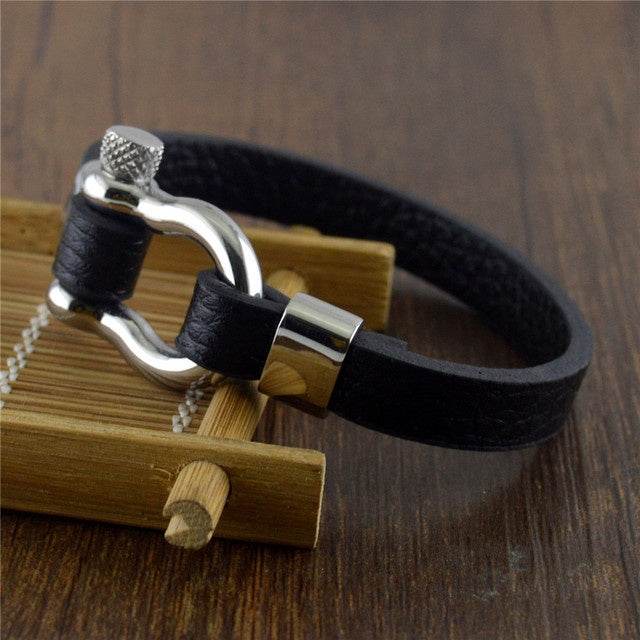 Titanium steel leather bracelet men - Mubimart