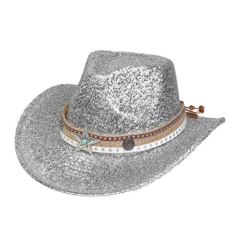 Festival Party Gathering Silver Western Denim Fedora Hat Felt - Mubimart