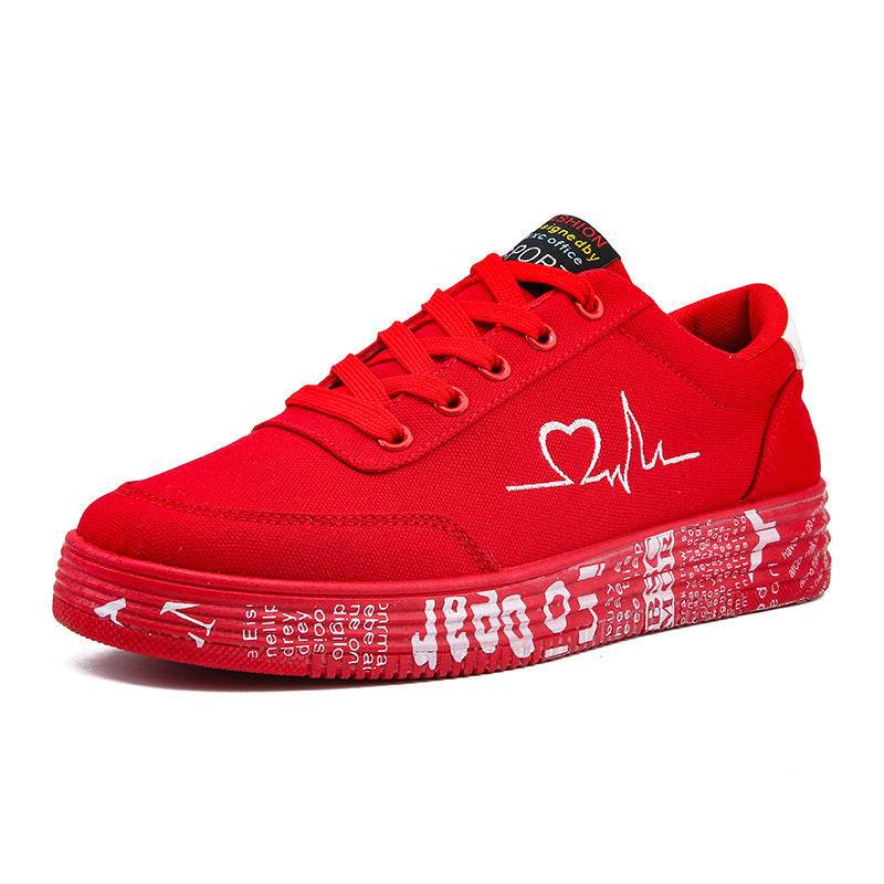 Love Print Canvas Shoes Women Men Flats Lace-up Casual Shoes Lover Sports Shoes Valentines Day - Mubimart