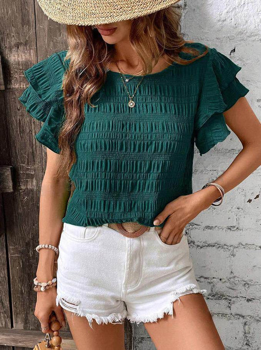 Summer Ruffled Short-sleeved T-shirt Casual Round Neck Pleated Design Top For Women Clothing - Mubimart