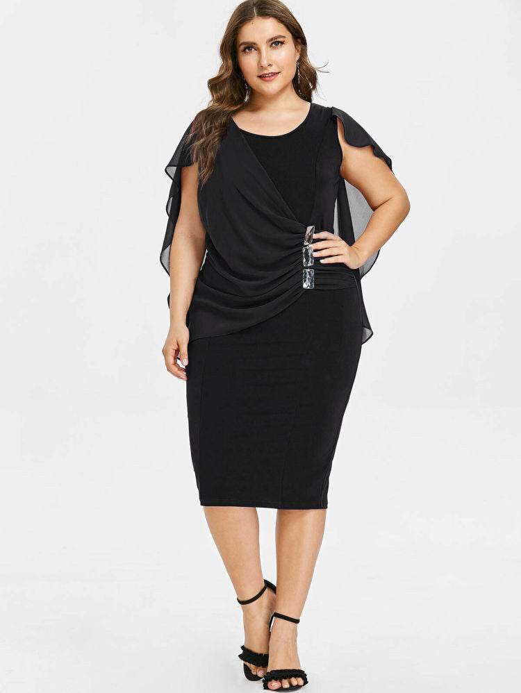 Round Neck Short Sleeve Chiffon Shawl Tight-Fitting Plus Size Dress Women - Mubimart