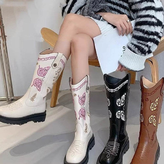 All-match Butterfly Embroidery Cowboy Boot - Mubimart