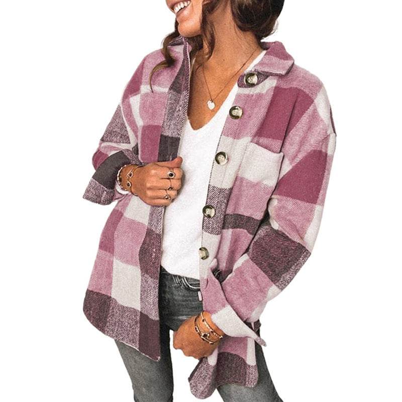 Casual Flannel Plaid Buttoned Shirt Jacket - Mubimart