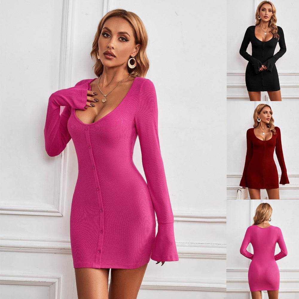 Fashion Single-breasted U-neck Long-sleeved Dress Sexy Slim Hip-hugging Short Dresses Womens Clothing - Mubimart