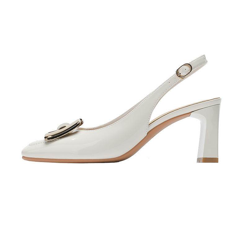 Chunky Heel Low-cut Square Toe Metal Buckle Slingback Sandals - Mubimart