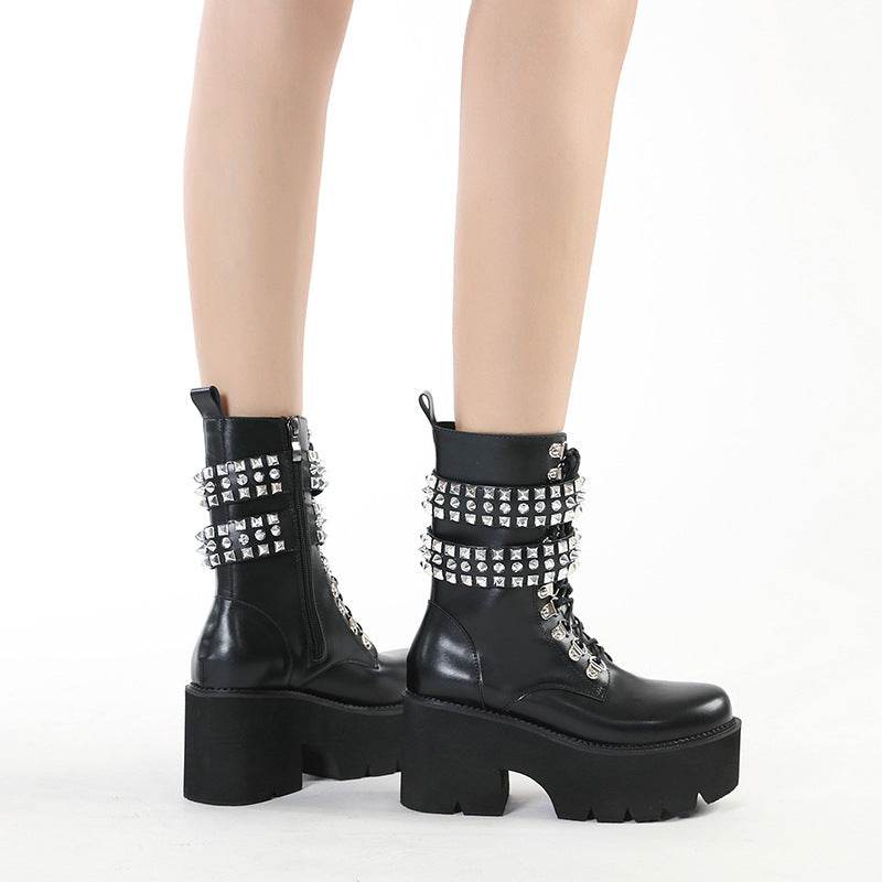 Gothic Style Fashion Rivet Mid-calf Boots For Women - Mubimart