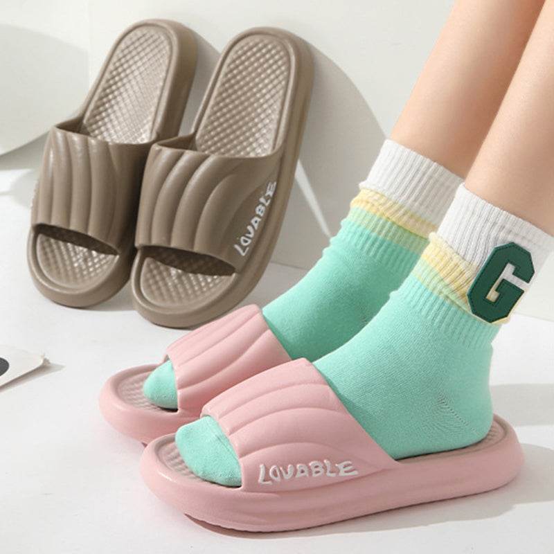 Summer Stripe Letter Design Home Slippers Thick Sole Non-slip Floor Bathroom Slipper For Women Men House Shoes - Mubimart