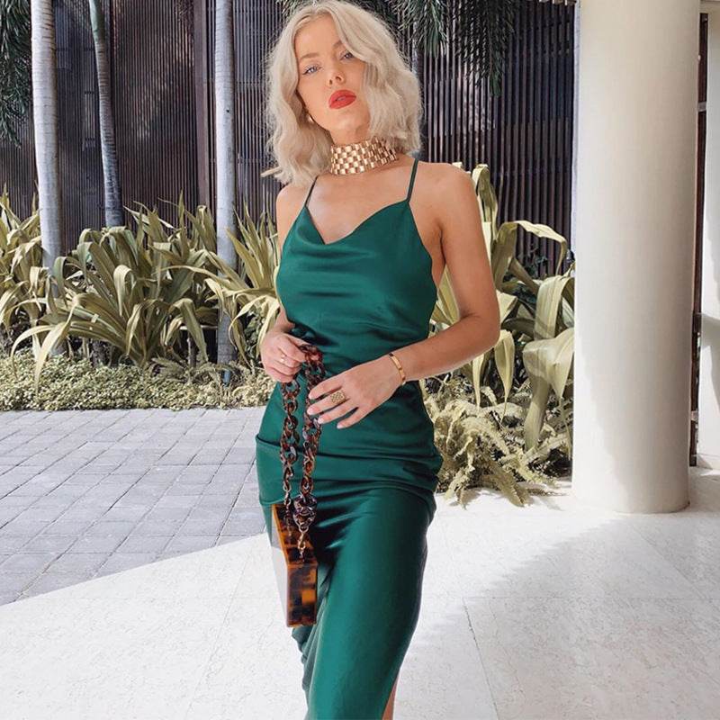 Satin silk ladies midi dress - Mubimart