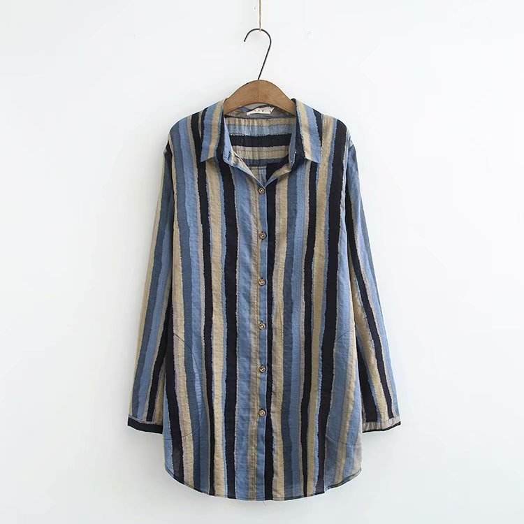 Women Autumn Stripe Lapel Neck Blouses Loose Tops - Mubimart