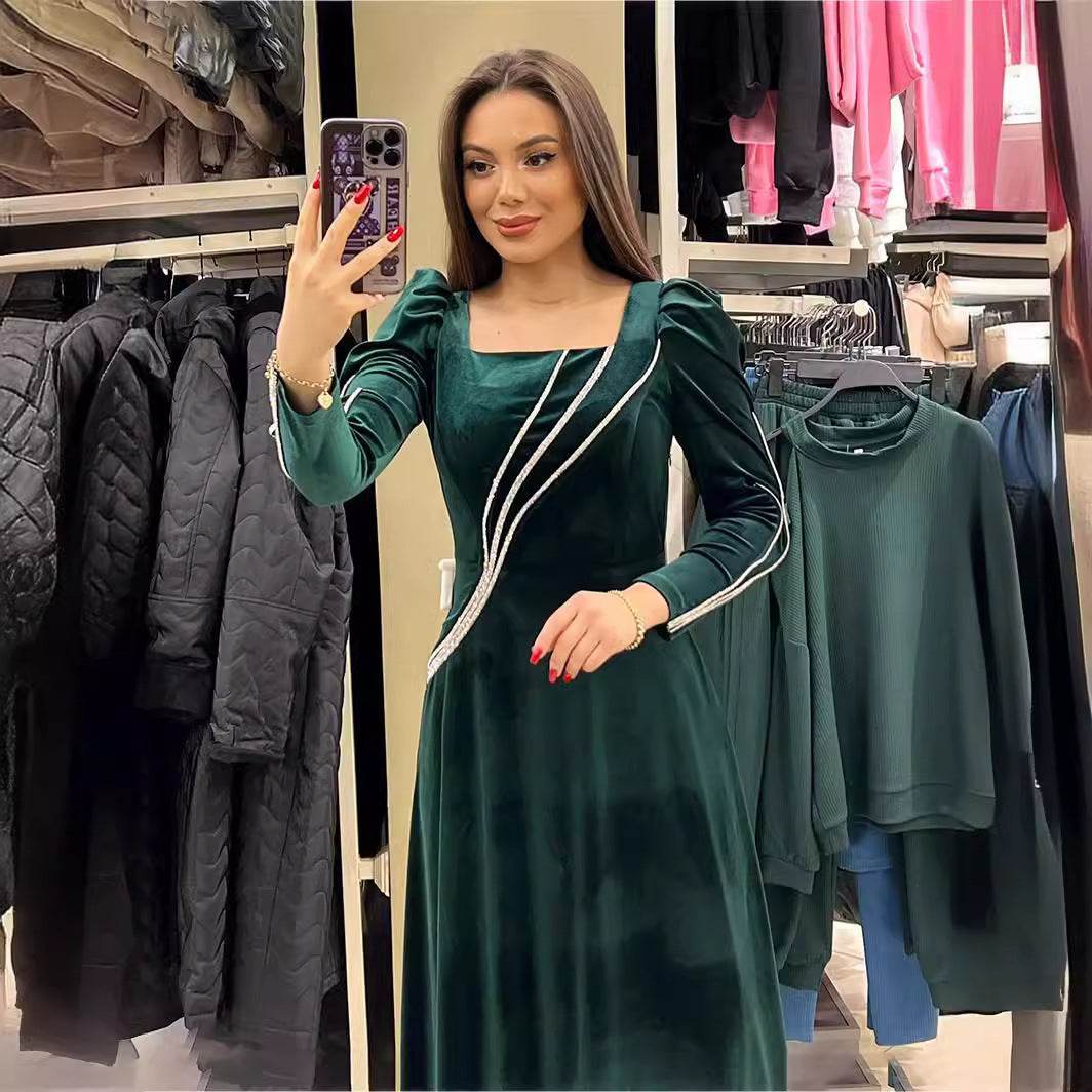 Long Sleeve Rhinestone Maxi Dress - Mubimart