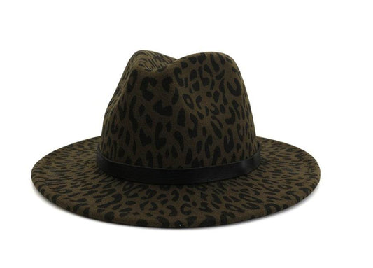 Wide Brim Leopard Wool Fedora Felt Hat For Women - Mubimart