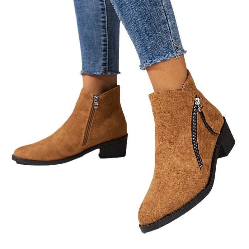 Women's Suede Rubber Cloth Fashion Boots Chunky Heel Booties - Mubimart