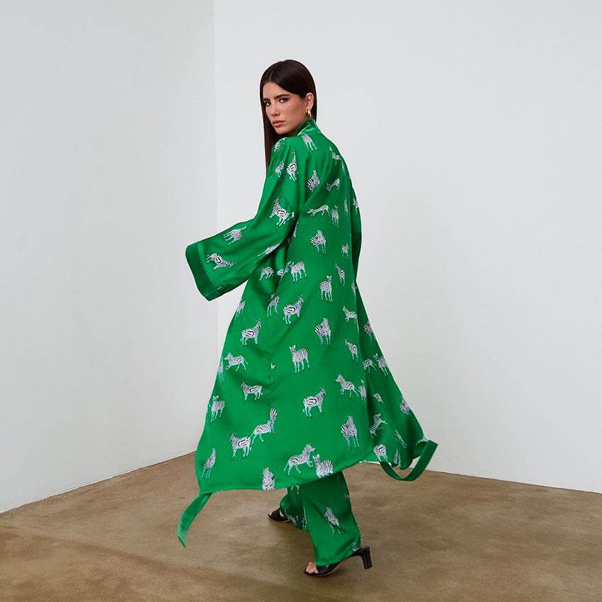 Autumn Print Long-sleeved Plus Long Nightgown Trousers - Mubimart