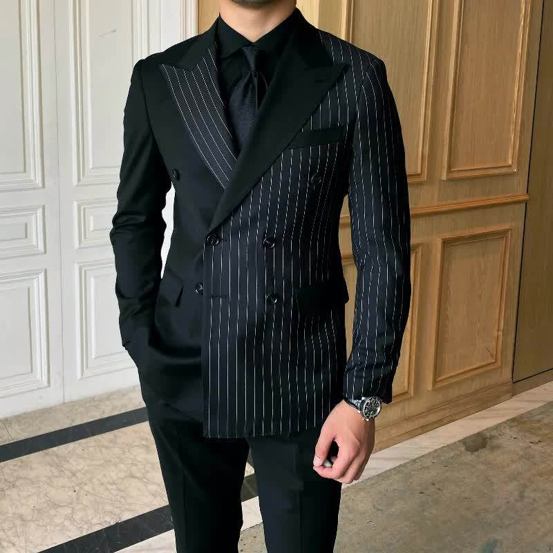 Striped Double Breasted Blazer Men Fashion Tailored Suit - Mubimart