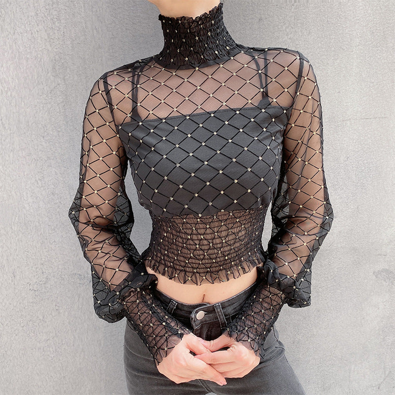 Turtleneck wrapped bra shirt fake two mesh - Mubimart -  