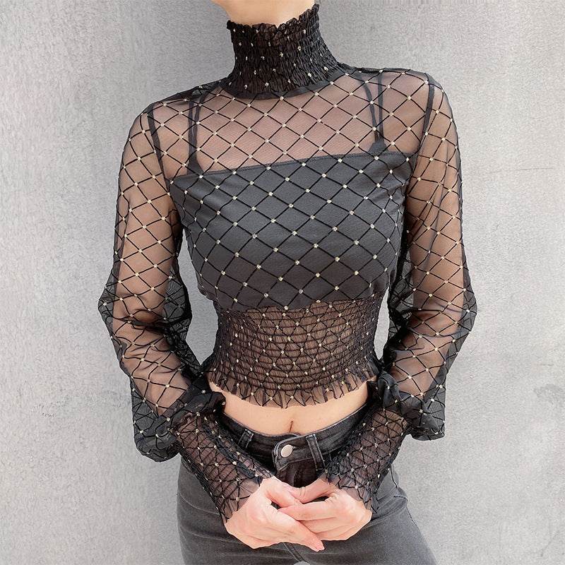 Turtleneck wrapped bra shirt fake two mesh - Mubimart
