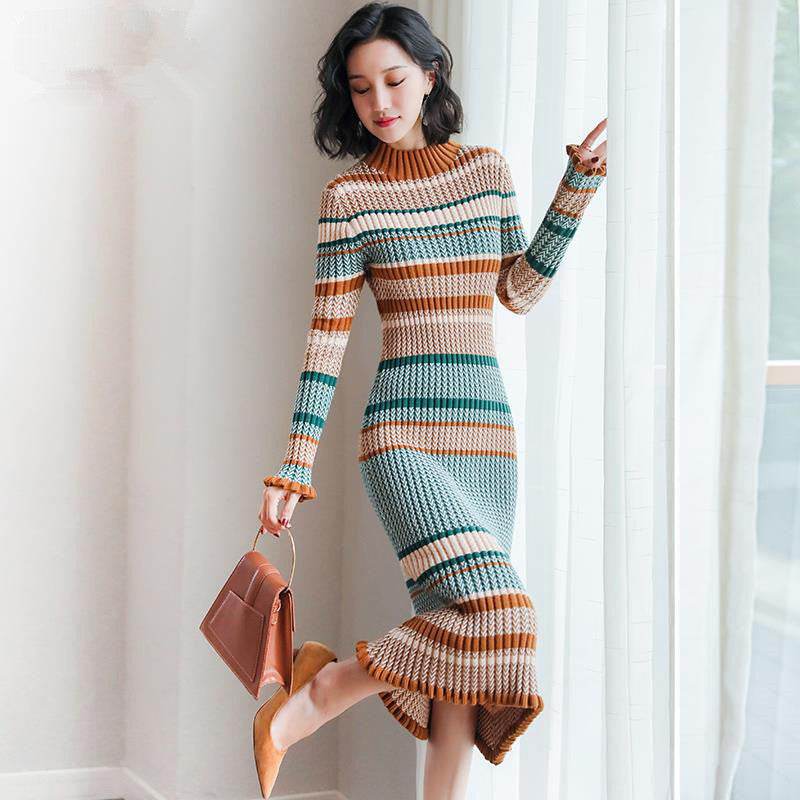Knit Turtleneck Dress - Mubimart