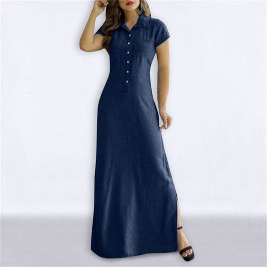 Shirt Collar Slit Pocket Large Swing Skirt Plus Size Denim Dress - Mubimart