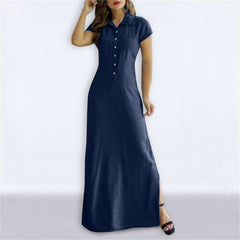 Shirt Collar Slit Pocket Large Swing Skirt Plus Size Denim Dress - Mubimart -  