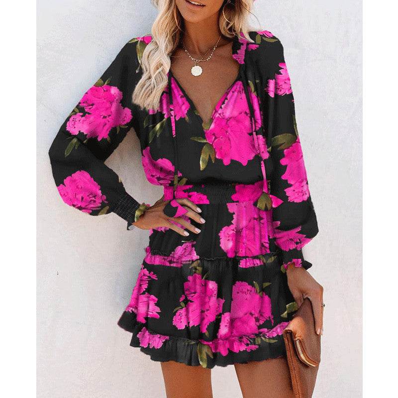 Flowers Print Long Sleeve Dress Fashion Patchwork Puff Sleeve Waist Dresses Womens Clothing - Mubimart