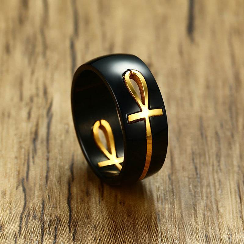 Separable Ankh Egyptian Cross Ring Men Personalized Black Gold Stainless Steel Key of Life Wedding Male Anel Jewelry - Mubimart
