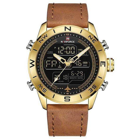 NAVIFORCE 9144 Fashion Gold Men Sport Watches Mens LED Analog Digital Watch Army Military Leather Quartz Watch Relogio Masculino - Mubimart