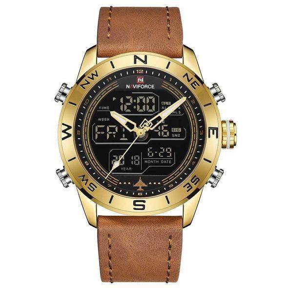 NAVIFORCE 9144 Fashion Gold Men Sport Watches Mens LED Analog Digital Watch Army Military Leather Quartz Watch Relogio Masculino - Mubimart