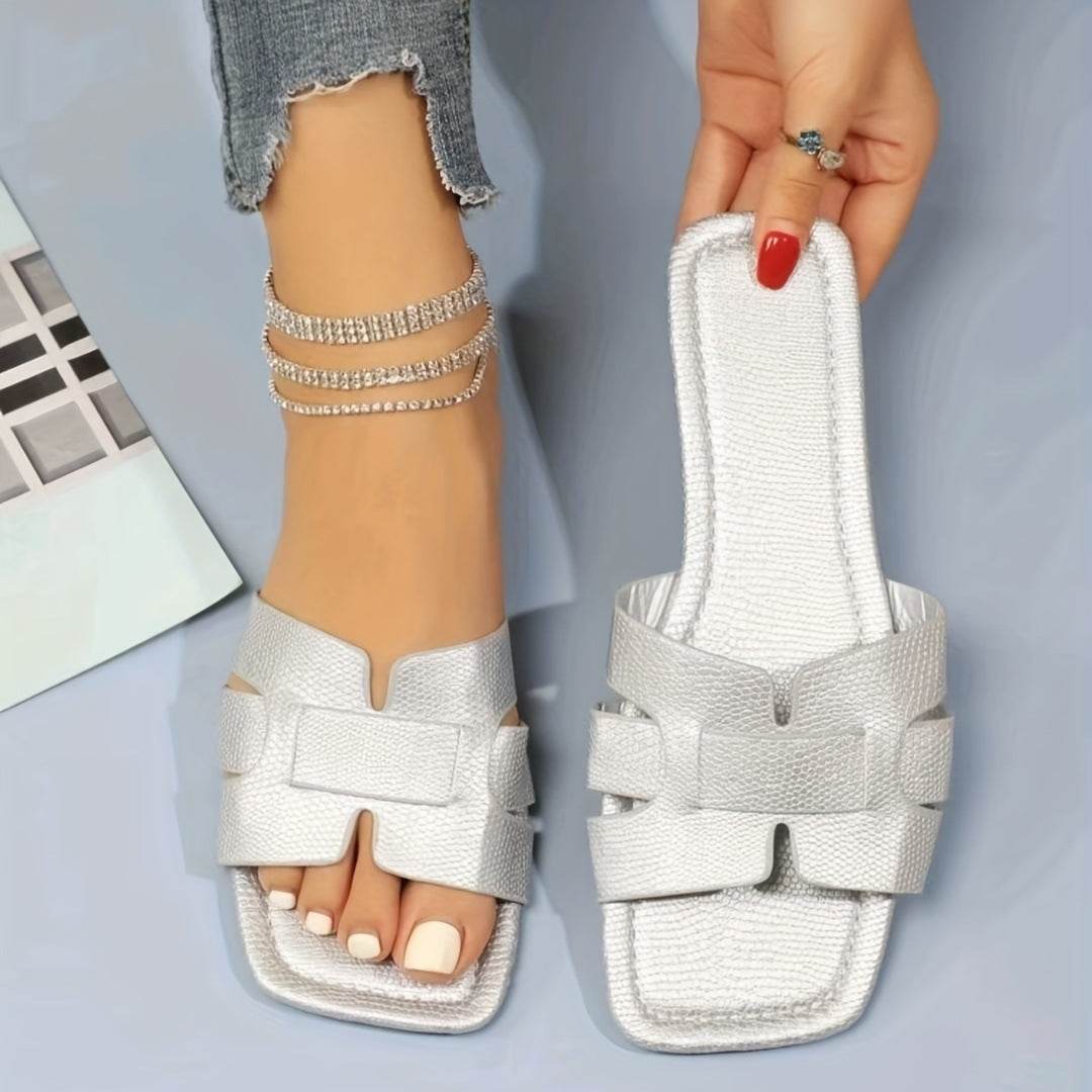 Square Toe Flat Sandals Summer Hollow Out Slides Slippers Women Footwear - Mubimart