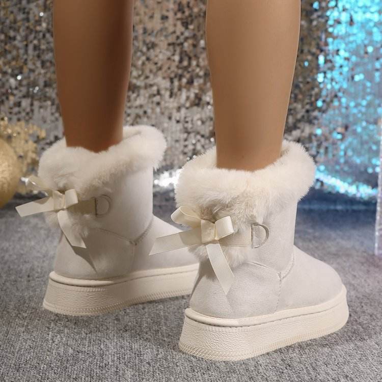 Winter Snow Boots With Bowknot Fashion Round Toe Flat Thickened Suede Cotton Shoes For Women Casual Warm Plush Short Boot - Mubimart