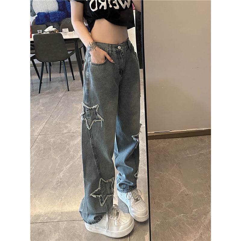 Blue XINGX Embroidered Jeans Women Loose Straight-leg Wide-leg Pants - Mubimart