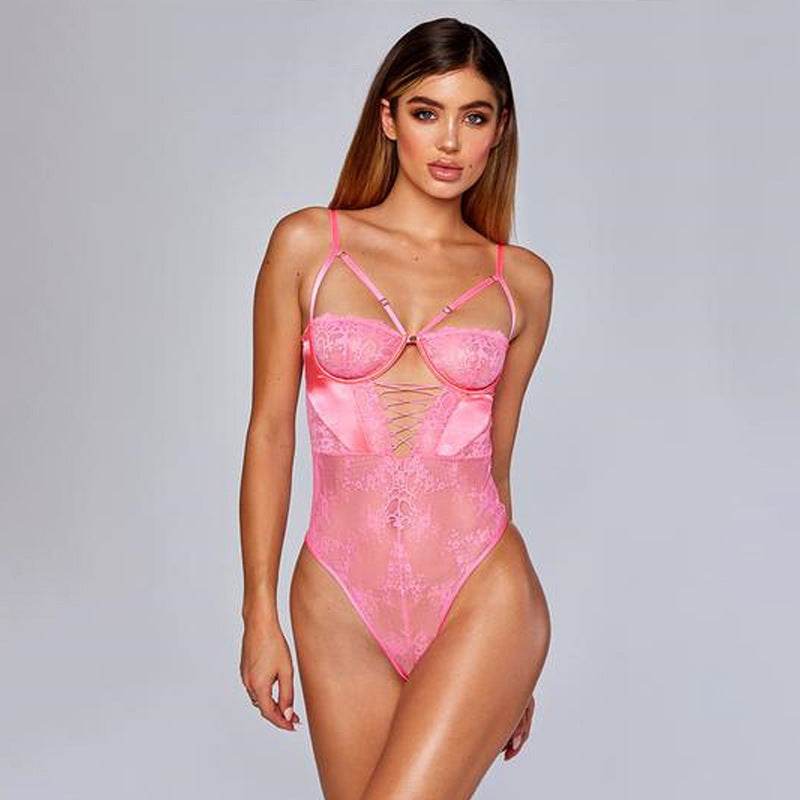 Shapewear Sexy Mesh Embroidery With Steel Ring Ladies Bottoming Bodysuit - Mubimart