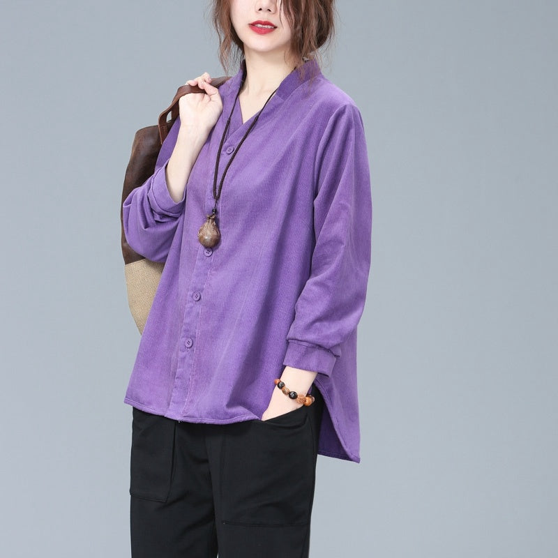 Loose plus size corduroy shirt - Mubimart -  