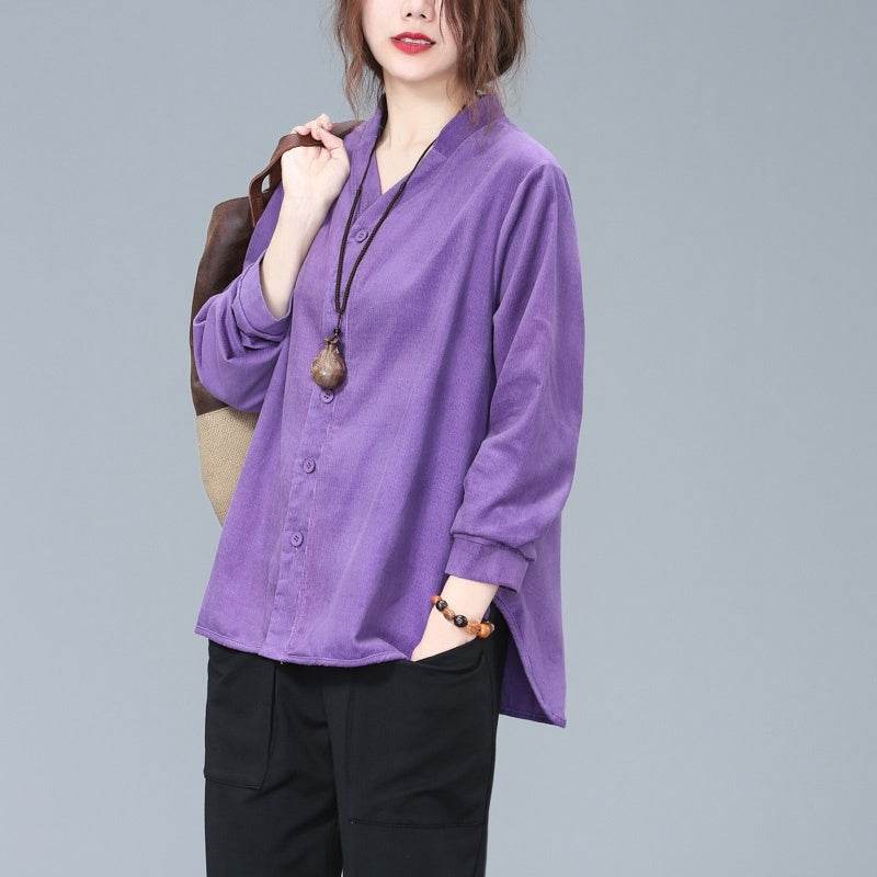 Loose plus size corduroy shirt - Mubimart