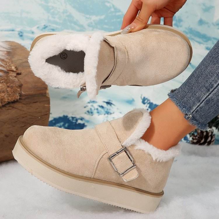 Winter Buckle Snow Boots Fashion Flat Thick-soled Cotton Shoes Round Toe Plus Velvet Warm Ankle Boot For Women - Mubimart
