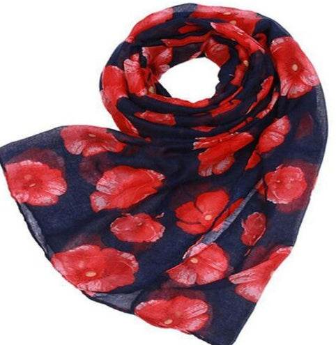 Red Poppy Scarf Print Long Scarves Flower - Mubimart