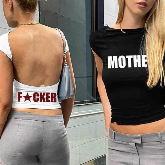 Backless Short Sleeve White Y2K Clothes Crop Top Women Aesth - Mubimart