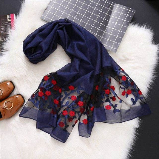 new brand women scarf fashion hollow Embroidery silk scarves lady shawls and wraps spring summer sunscreen beach stoles - Mubimart