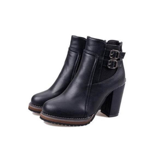 British retro thick with belt buckle boots high heel elastic women's booties - Mubimart