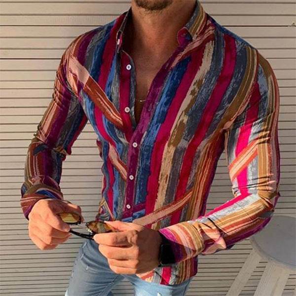 Motley Striped Lapel Button Down Shirt - Mubimart