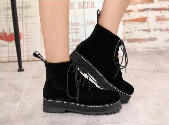 Vintage boots velvet straps ankle boots female tendon thick Martin boots - Mubimart