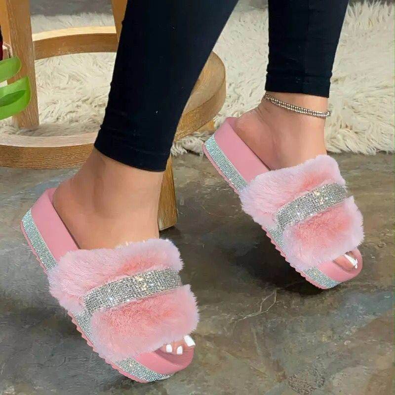 Large size rhinestone plush slipper - Mubimart