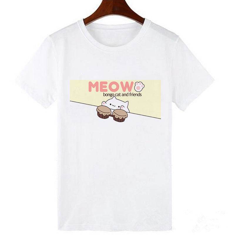 Horro Skull and Cat Femal Tshirt Top Tees kawai T-shirt - Mubimart