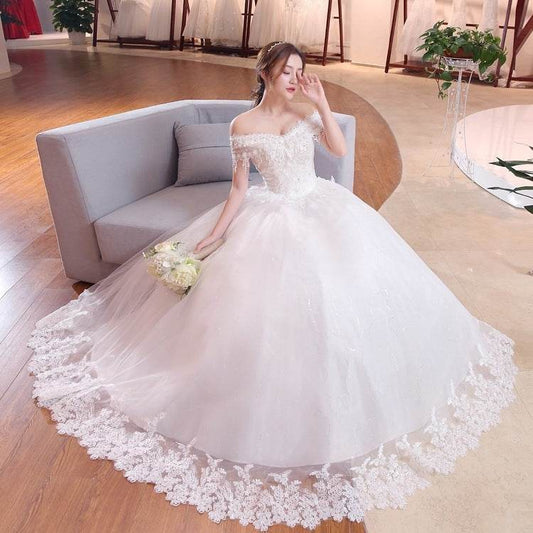 Shoulder-to-shoulder Wedding Dress Bridal Lace Plus Size Thin Shoulder Wedding Dress - Mubimart