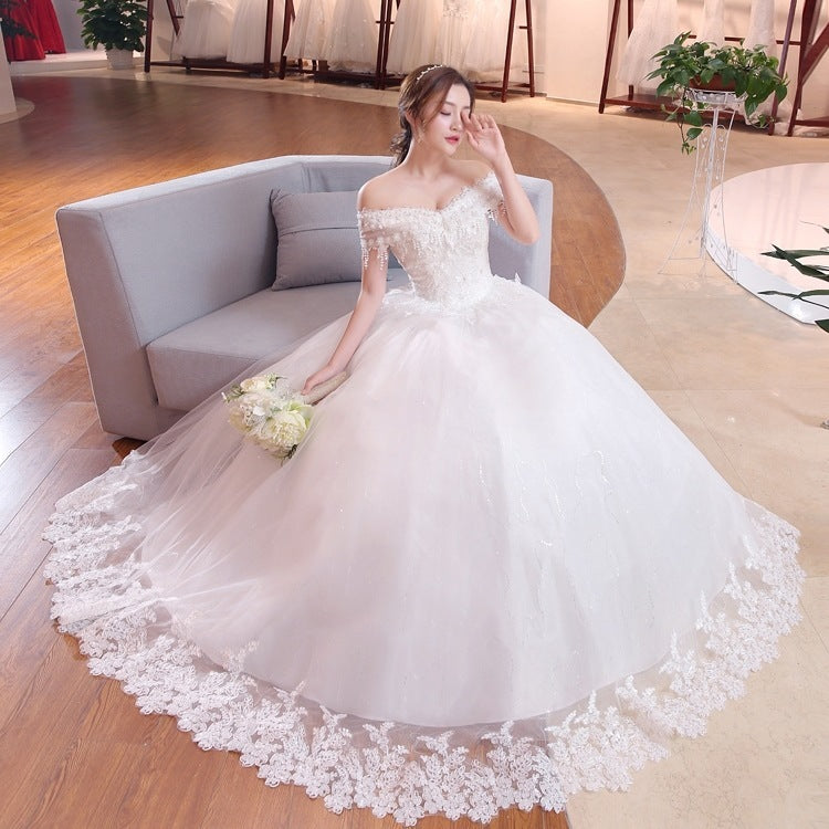 Shoulder-to-shoulder Wedding Dress Bridal Lace Plus Size Thin Shoulder Wedding Dress - Mubimart -  