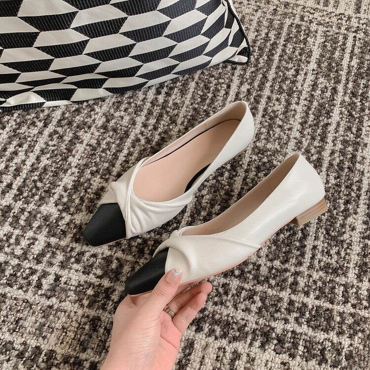 Leather Low Heel Feminine Colorblock Mary Jane Shoes - Mubimart