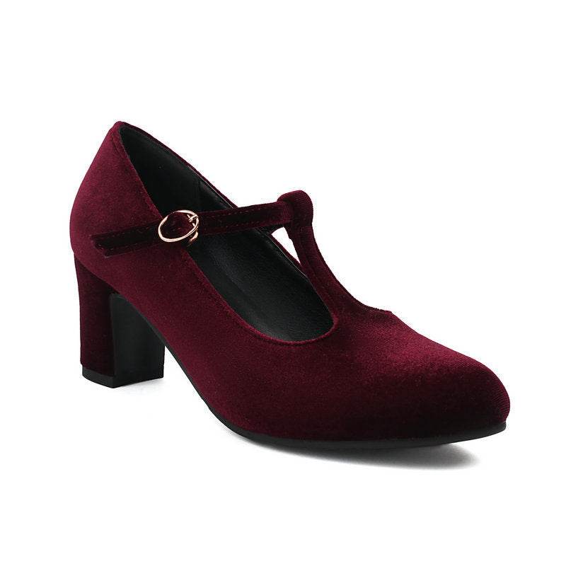 Fashion Women's Gold Velvet Chunky Heel T Buckle Lace-up High Heels - Mubimart