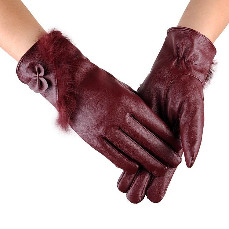 pu simulation leather plus cashmere gloves - Mubimart