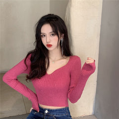 Knitted Bottoming Shirt All-Match Slimming Short Crop Top Women - Mubimart -  