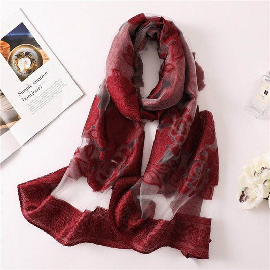 new brand women scarf fashion hollow Embroidery silk scarves lady shawls and wraps spring summer sunscreen beach stoles - Mubimart