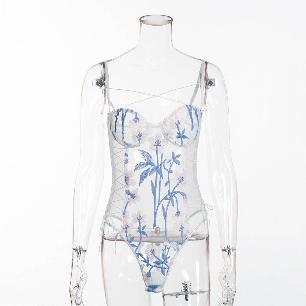 Embroidered mesh bodysuit - Mubimart